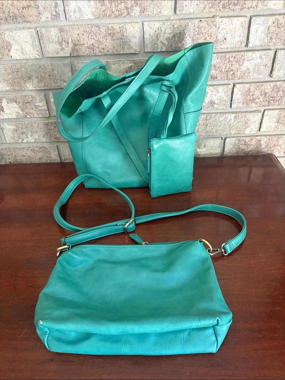 Green Leather Tote and Crossbody Bag Set